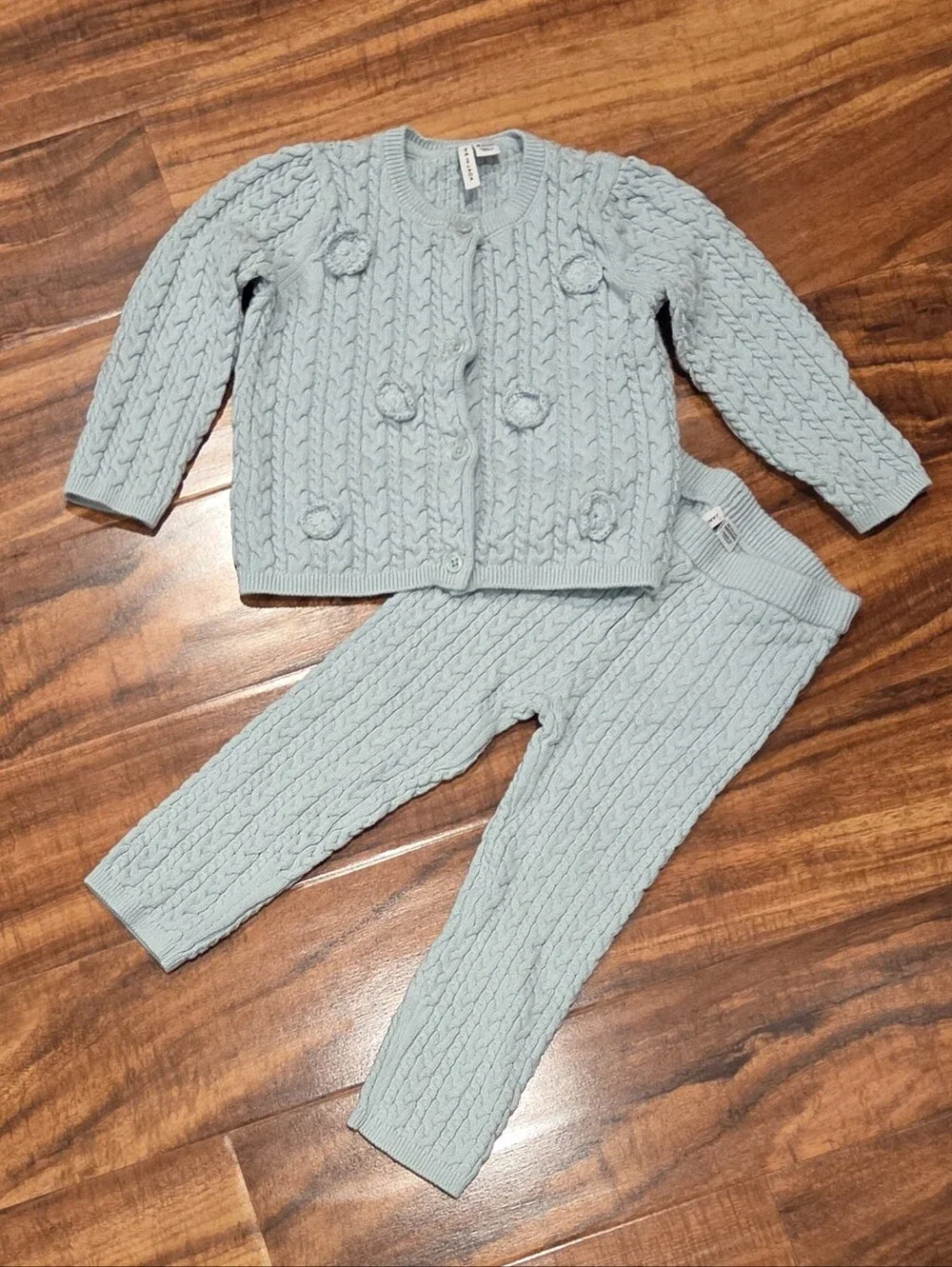 Janie and Jack EUC 18-24 Mint Cableknit Floral Embroidered Sweater and Pants Set